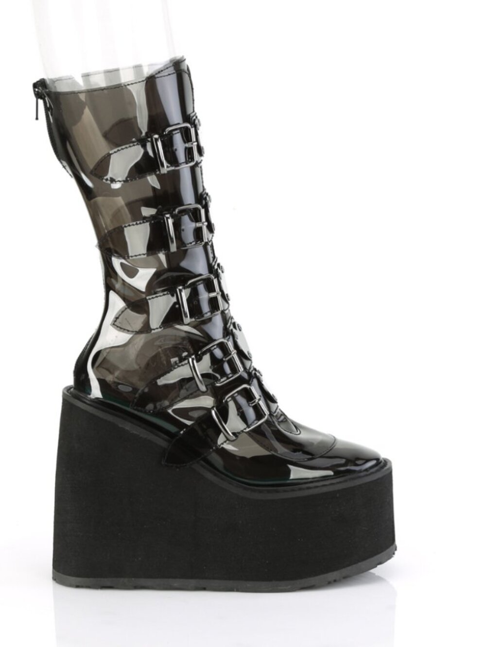Smoke TPU Mid-Calf Boots with Heart-Shaped Metal Plate Buckle Straps